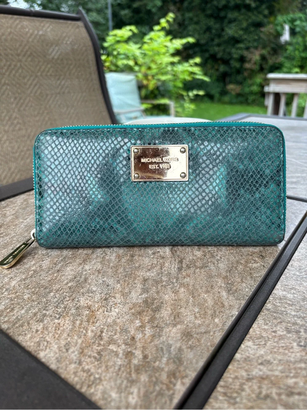 Michael Kors Teal Snake-Embossed Cosmetic Pouch with Gold Plaque